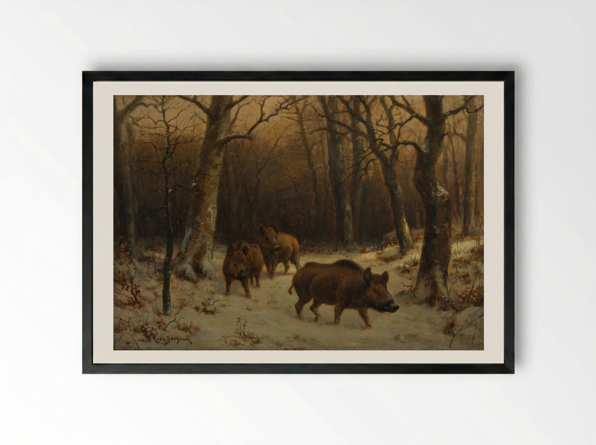 Wild Boars in the Snow - Rosa Bonheur - Framed Print Black