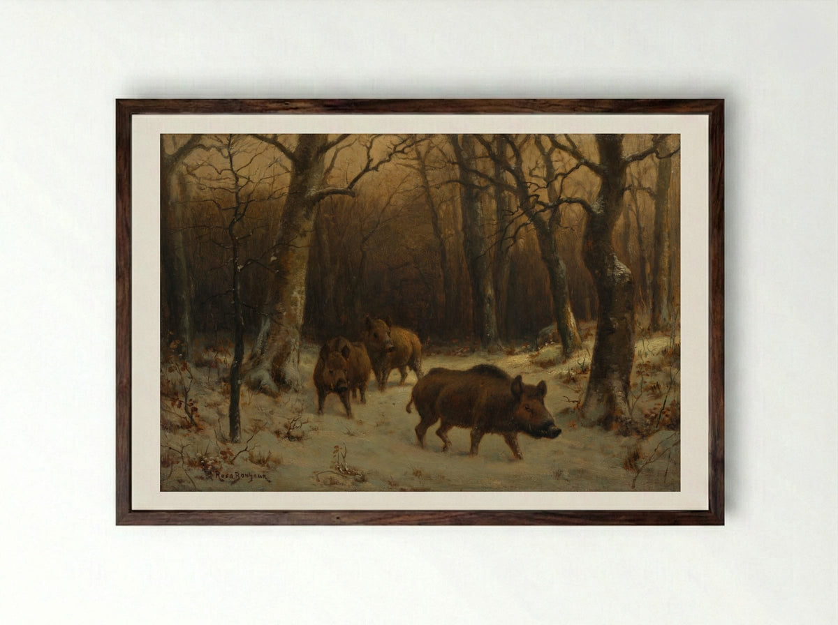 Wild Boars in the Snow - Rosa Bonheur - Framed Print Dark Wood