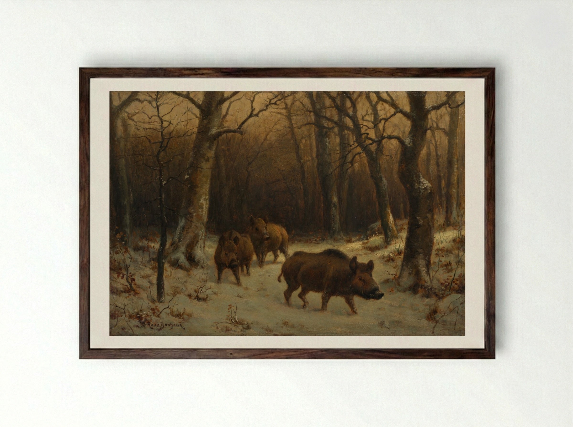 Wild Boars in the Snow - Rosa Bonheur - Framed Print Dark Wood