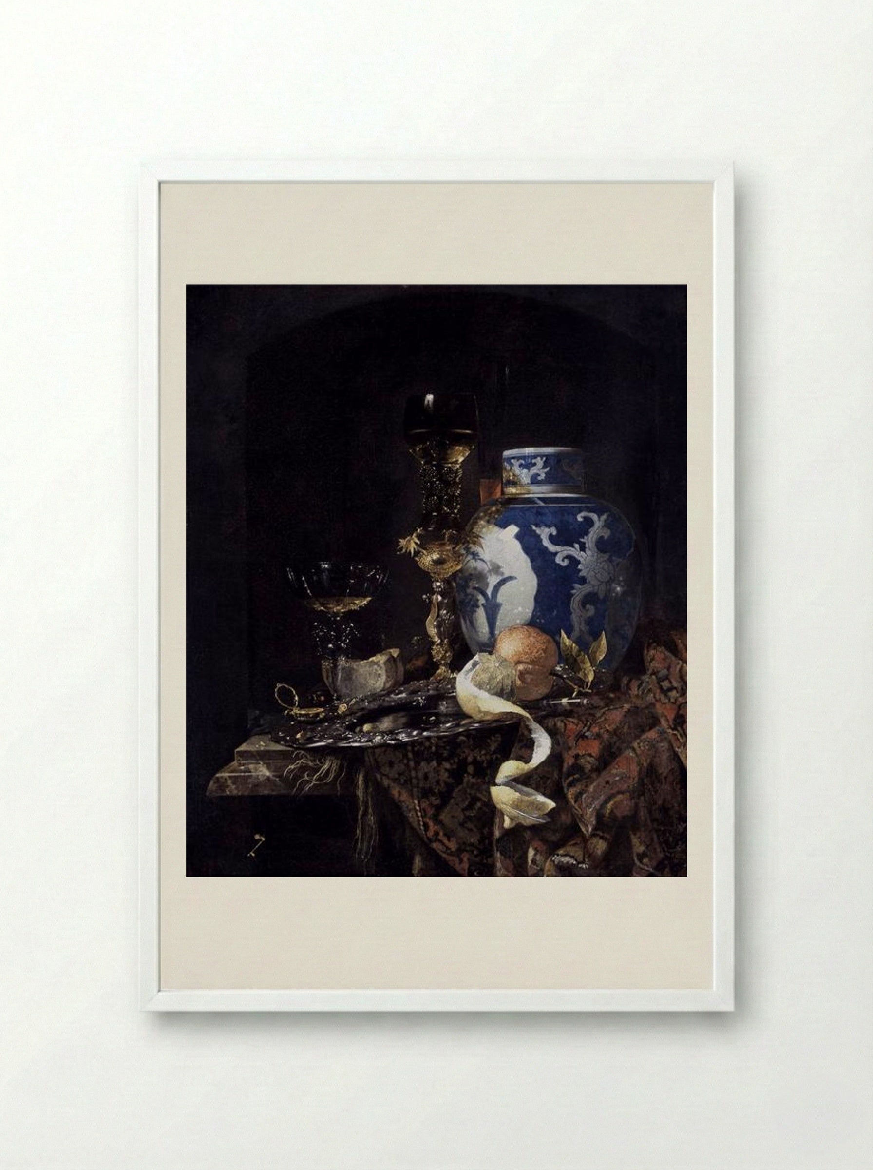 Still-Life with a Late Ming Ginger Jar - Willem Kalf - Framed Print White