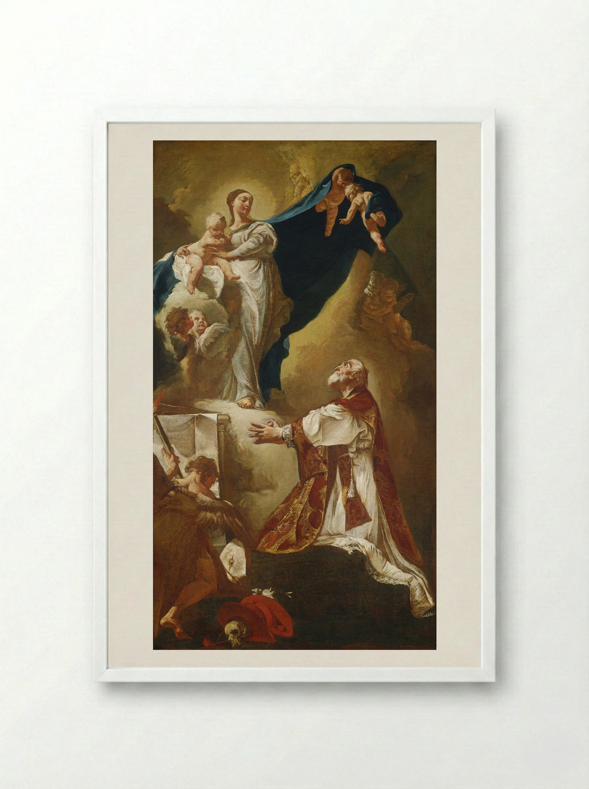 The Virgin Appearing to Saint Philip Neri - Giovanni Battista Piazzetta - Framed Print White