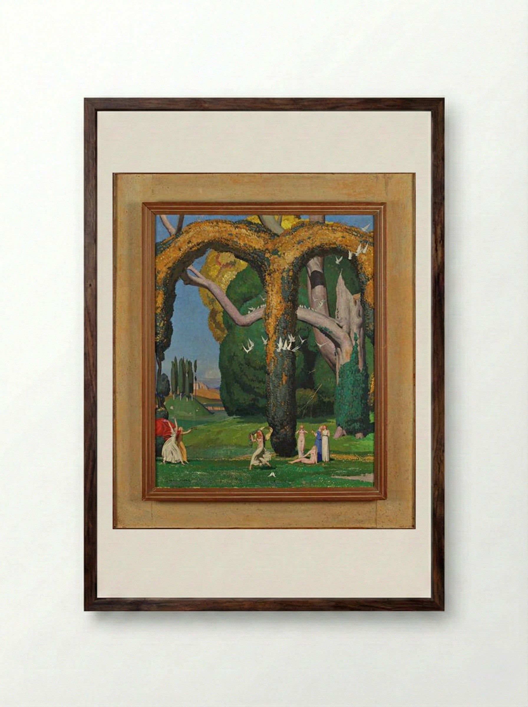 La danseuse et les deux pigeons - Jean Dupas - Framed Print Dark Wood