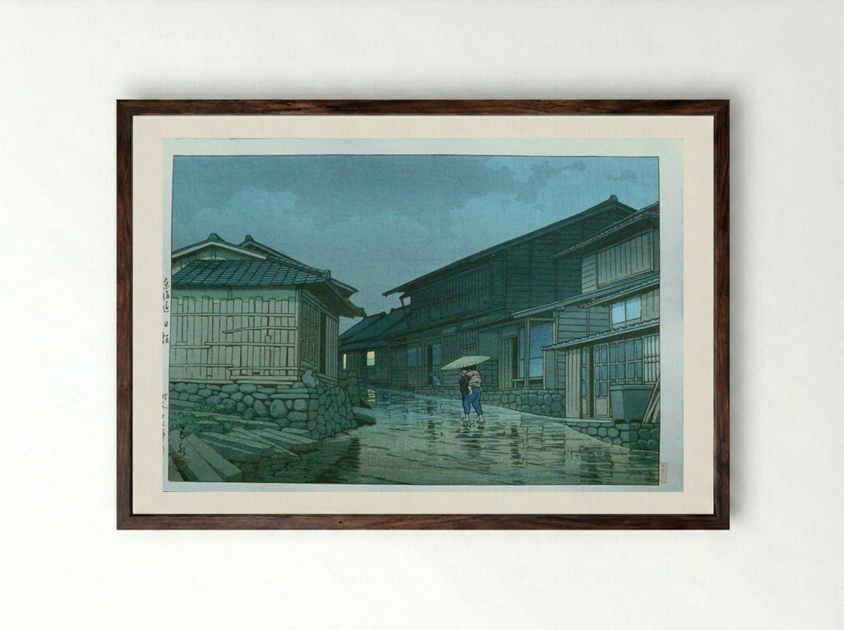 Rain at Nissaka - Hasui Kawase - Framed Print Dark Wood