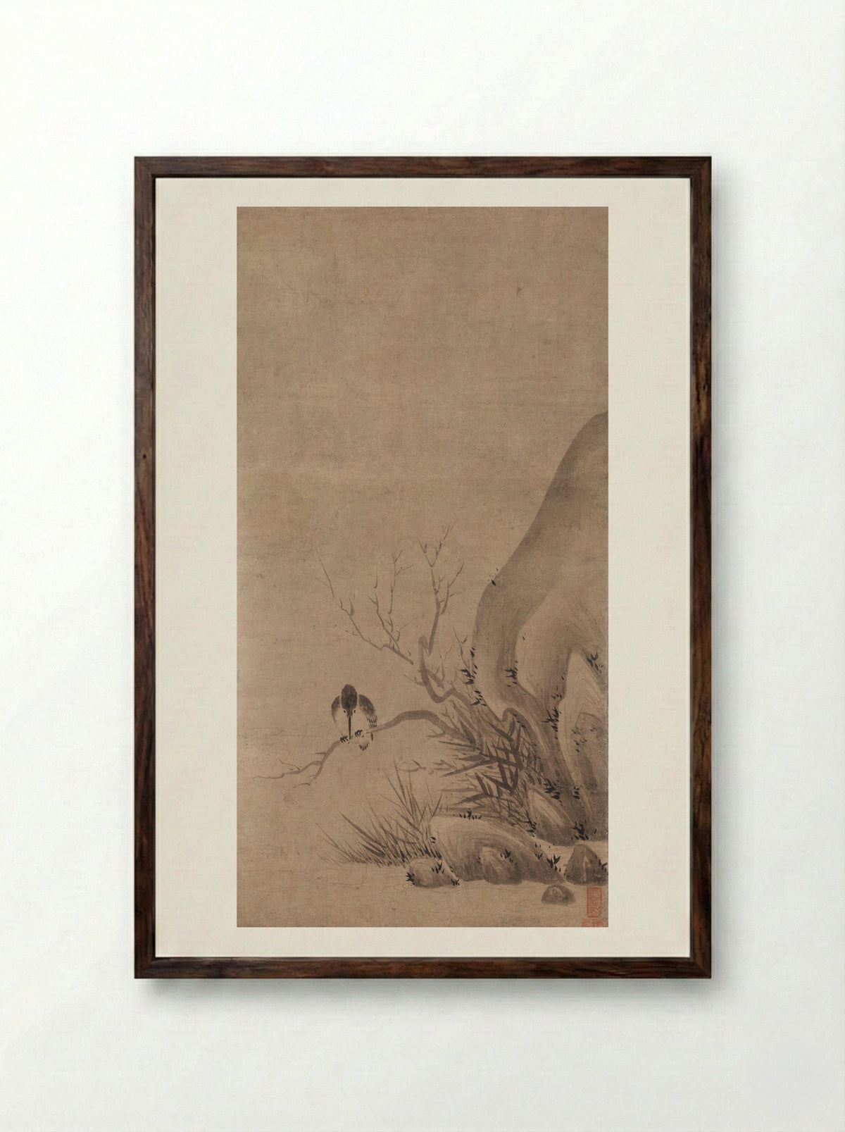 Kingfisher Perched above a Stream - Kenkō Shōkei - Framed Print Dark Wood