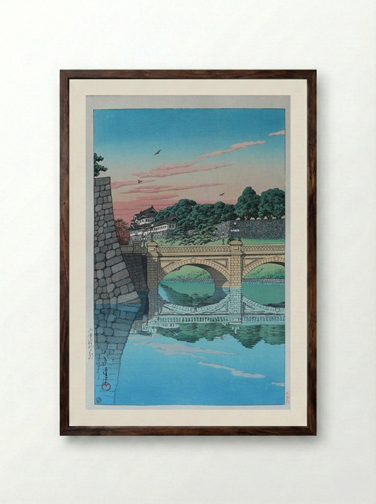Morning at Nijubashi Bridge - Hasui Kawase - Framed Print Dark Wood