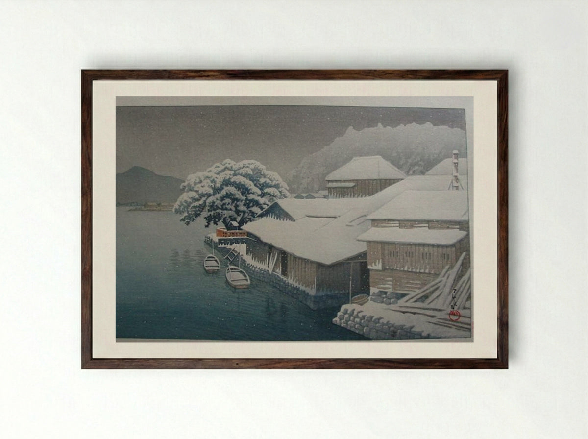 Snow at Ishinomaki - Hasui Kawase - Framed Print Dark Wood