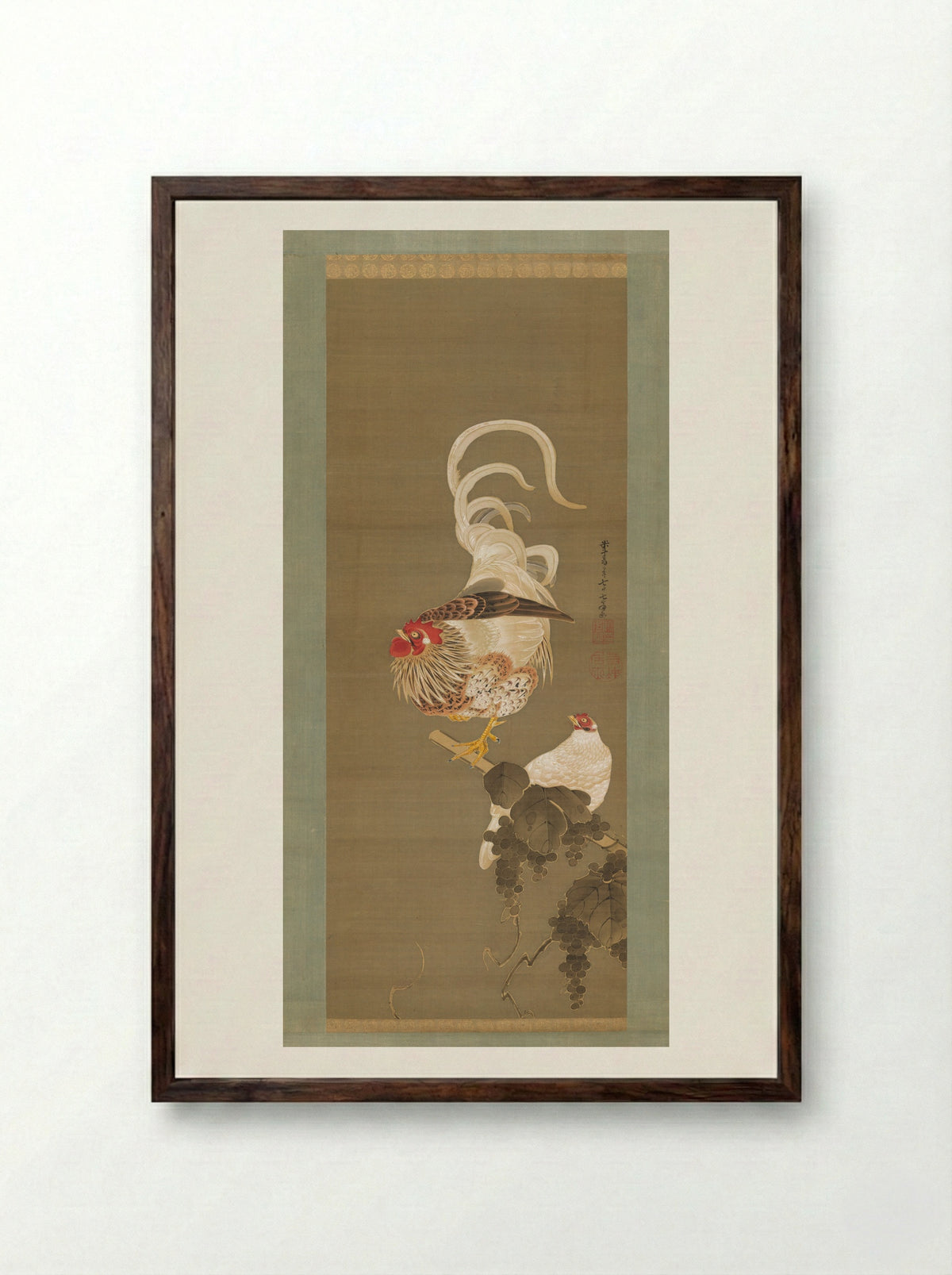 Hen and Rooster with Grapevine - Itō Jakuchū - Framed Print Dark Wood