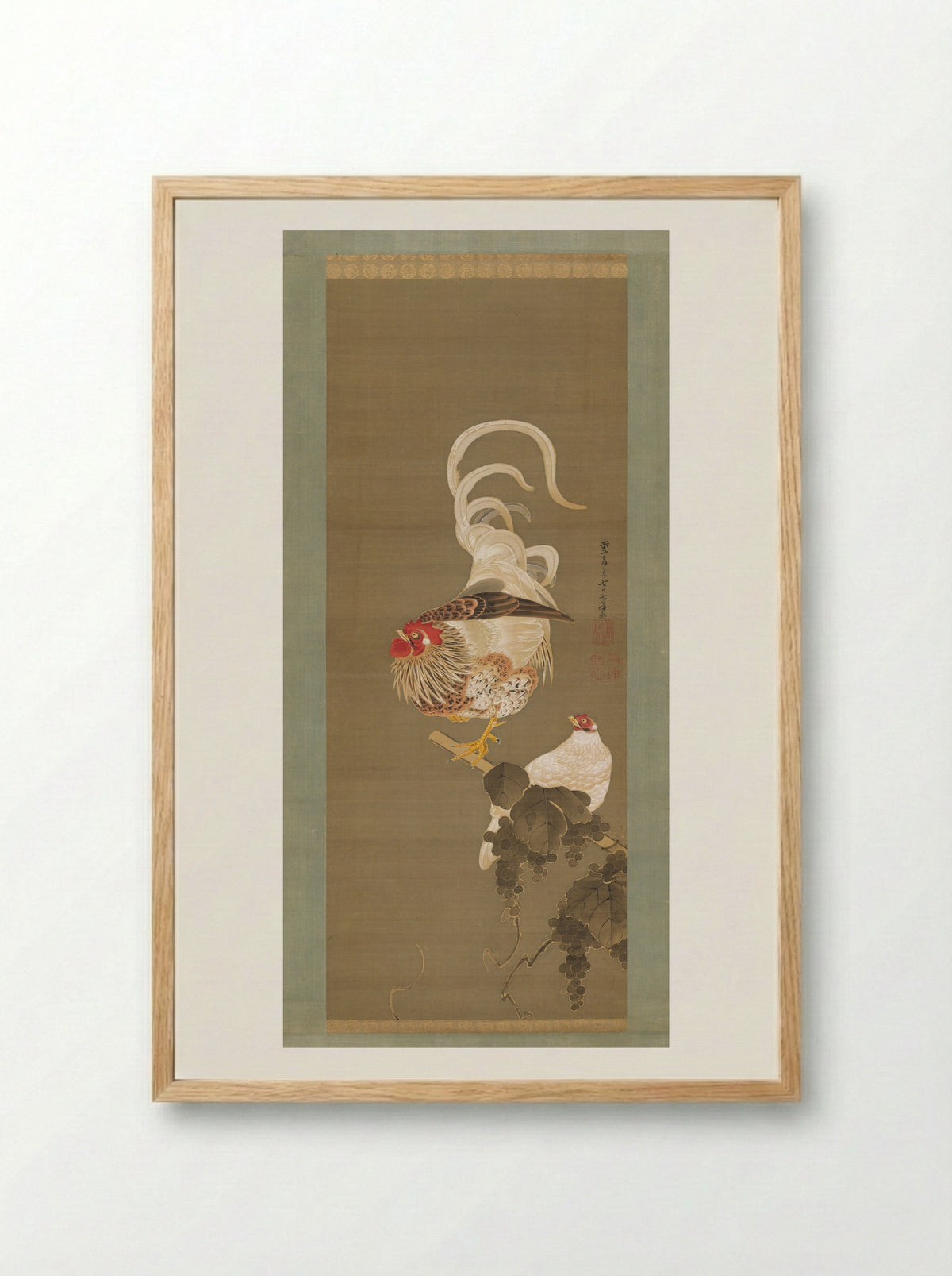 Hen and Rooster with Grapevine - Itō Jakuchū - Framed Print Wood