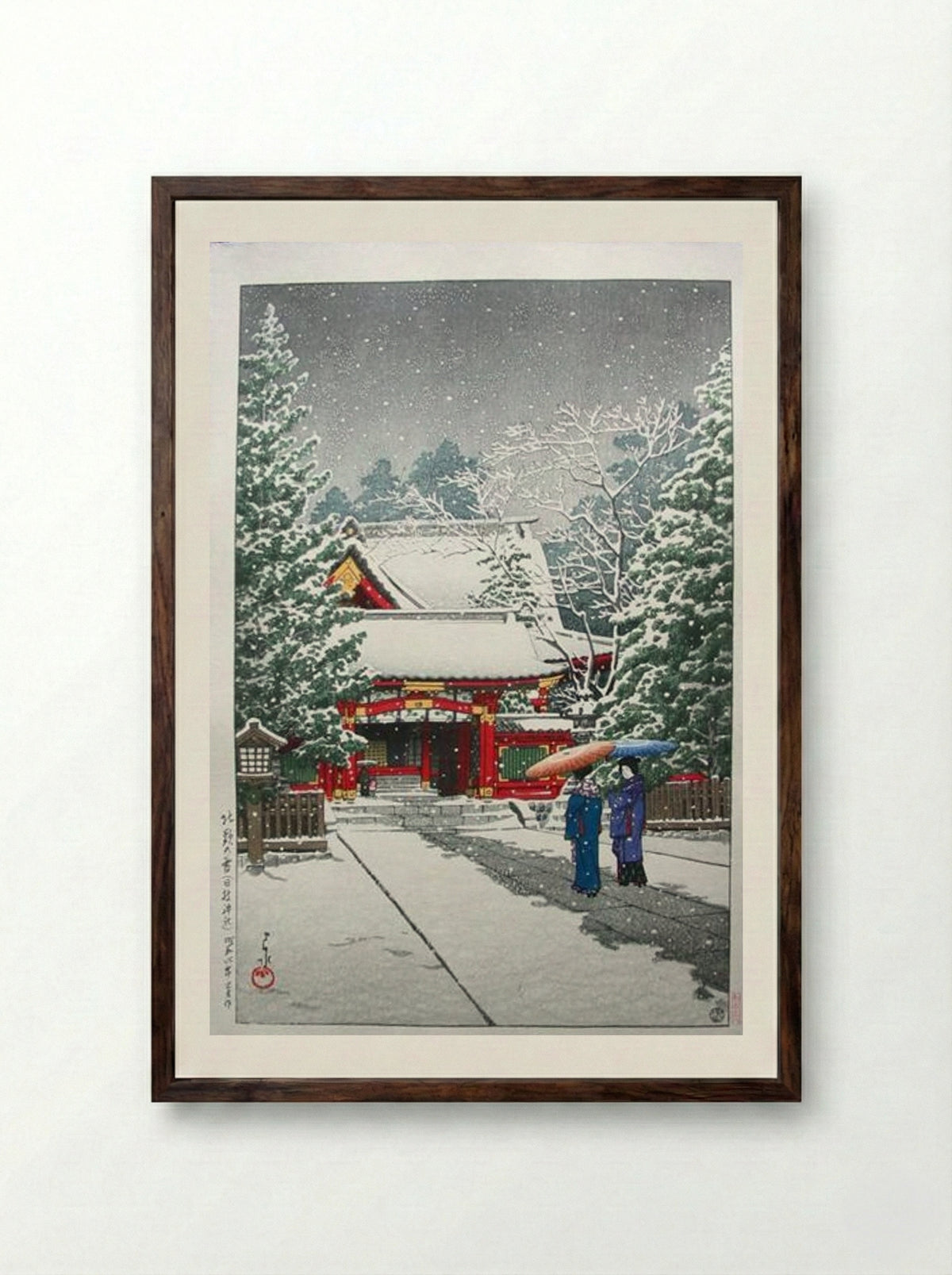 Snow at Hinoeda Shrine - Hasui Kawase - Framed Print Dark Wood