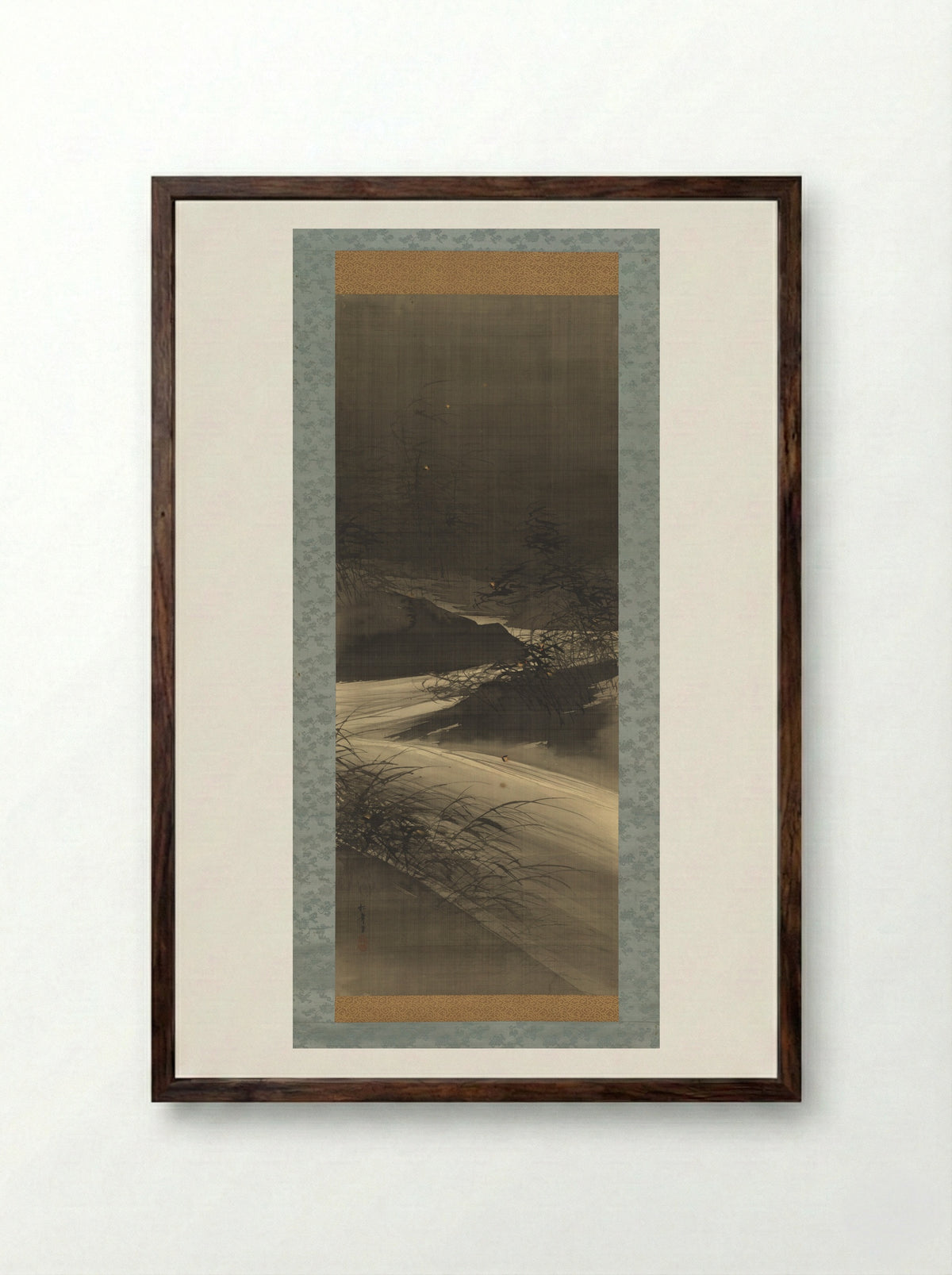 Fireflies Over the Uji River by Moonlight - Suzuki Shōnen - Framed Print Dark Wood