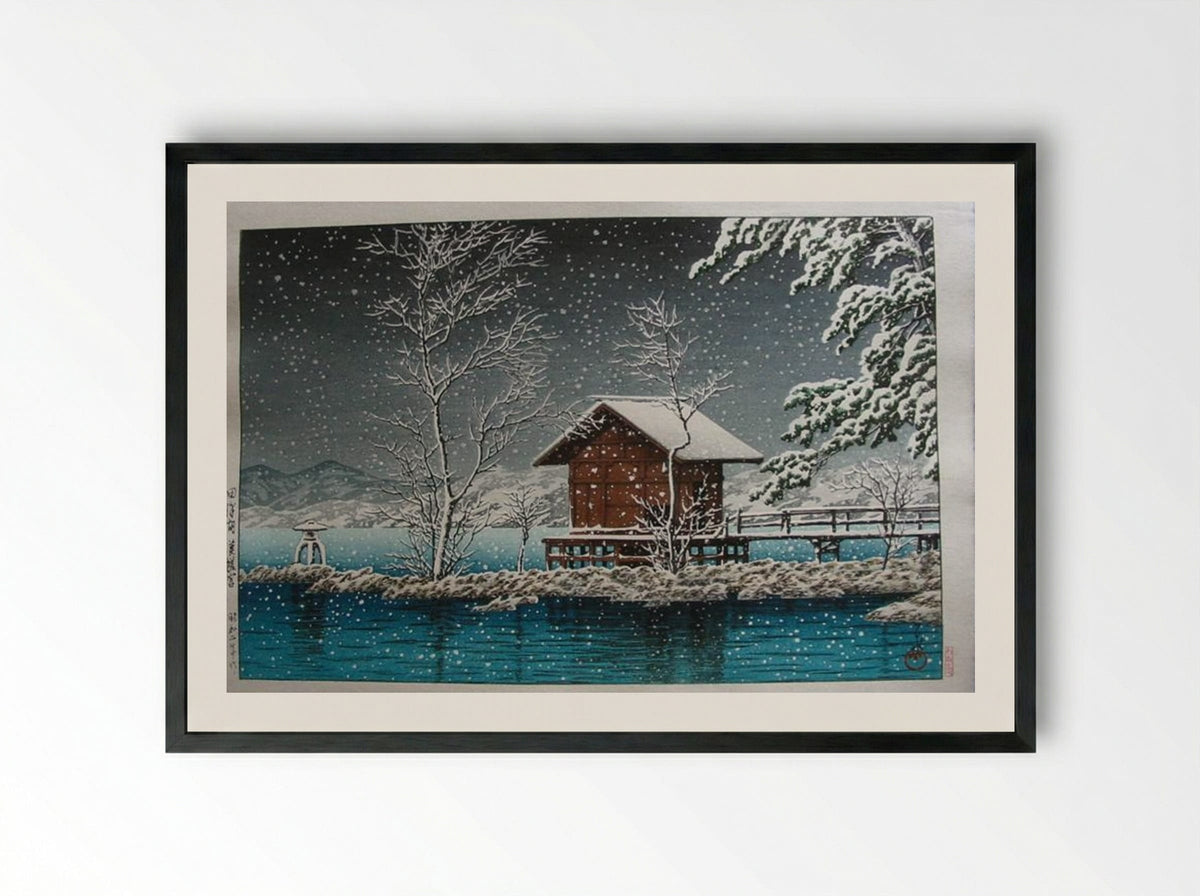 Kansau Shrine in Snow at Lake Tazawa - Hasui Kawase - Framed Print Black