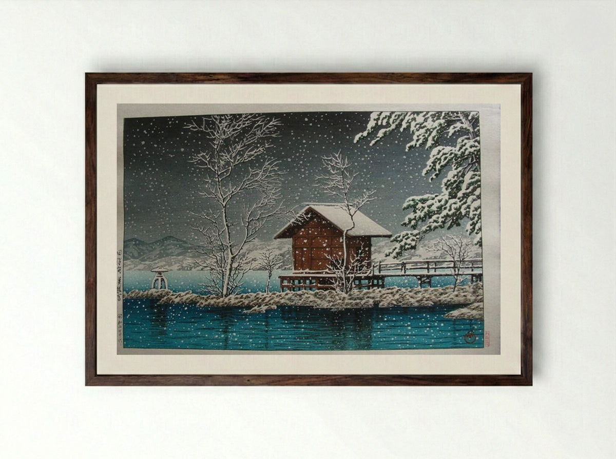 Kansau Shrine in Snow at Lake Tazawa - Hasui Kawase - Framed Print Dark Wood