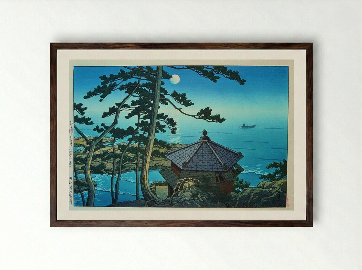 Full Moon at Izu-ura, Ibaraki - Hasui Kawase - Framed Print Dark Wood