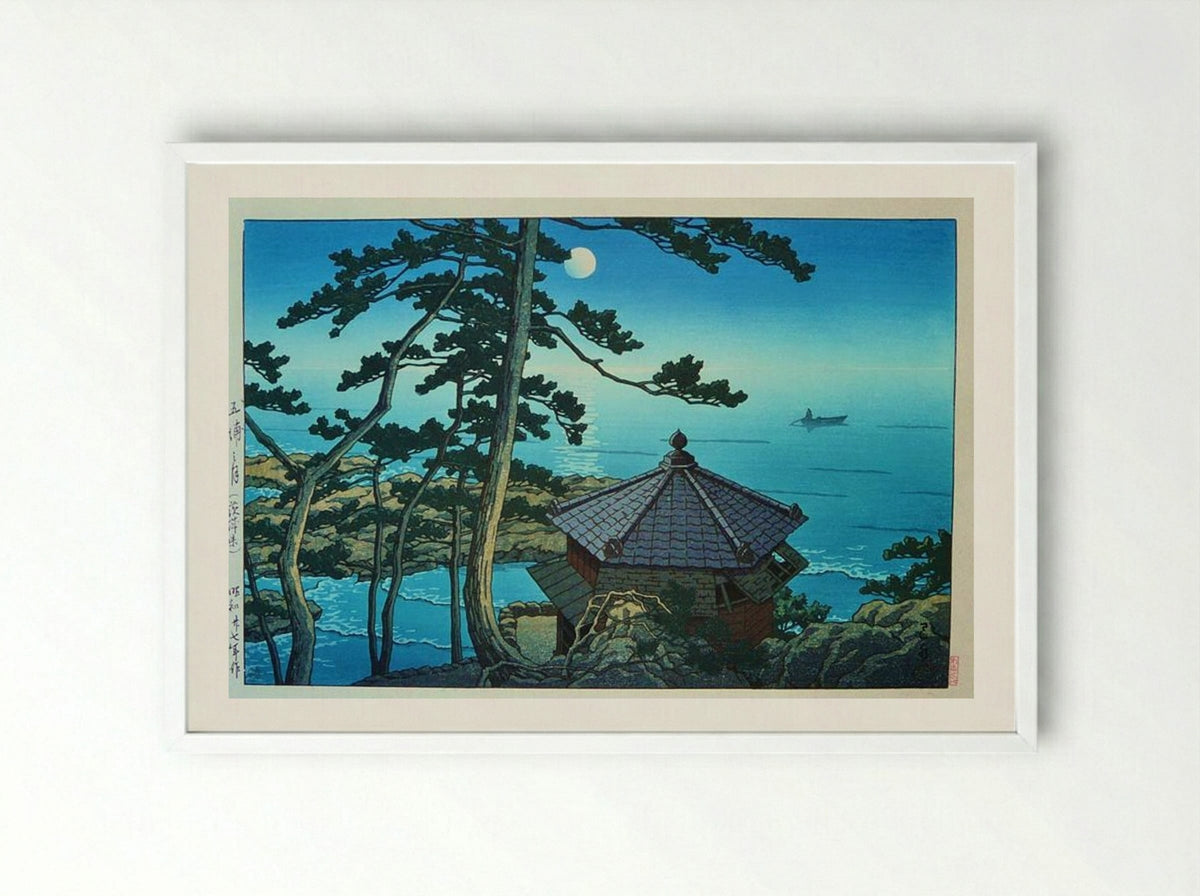 Full Moon at Izu-ura, Ibaraki - Hasui Kawase - Framed Print White