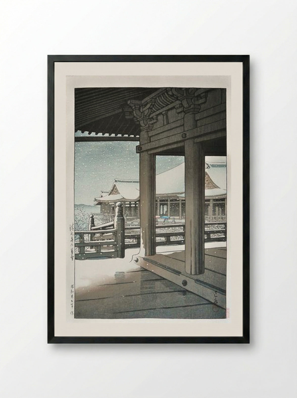 Snow Fall at Kiyomizu Temple, Kyoto - Hasui Kawase - Framed Print Black