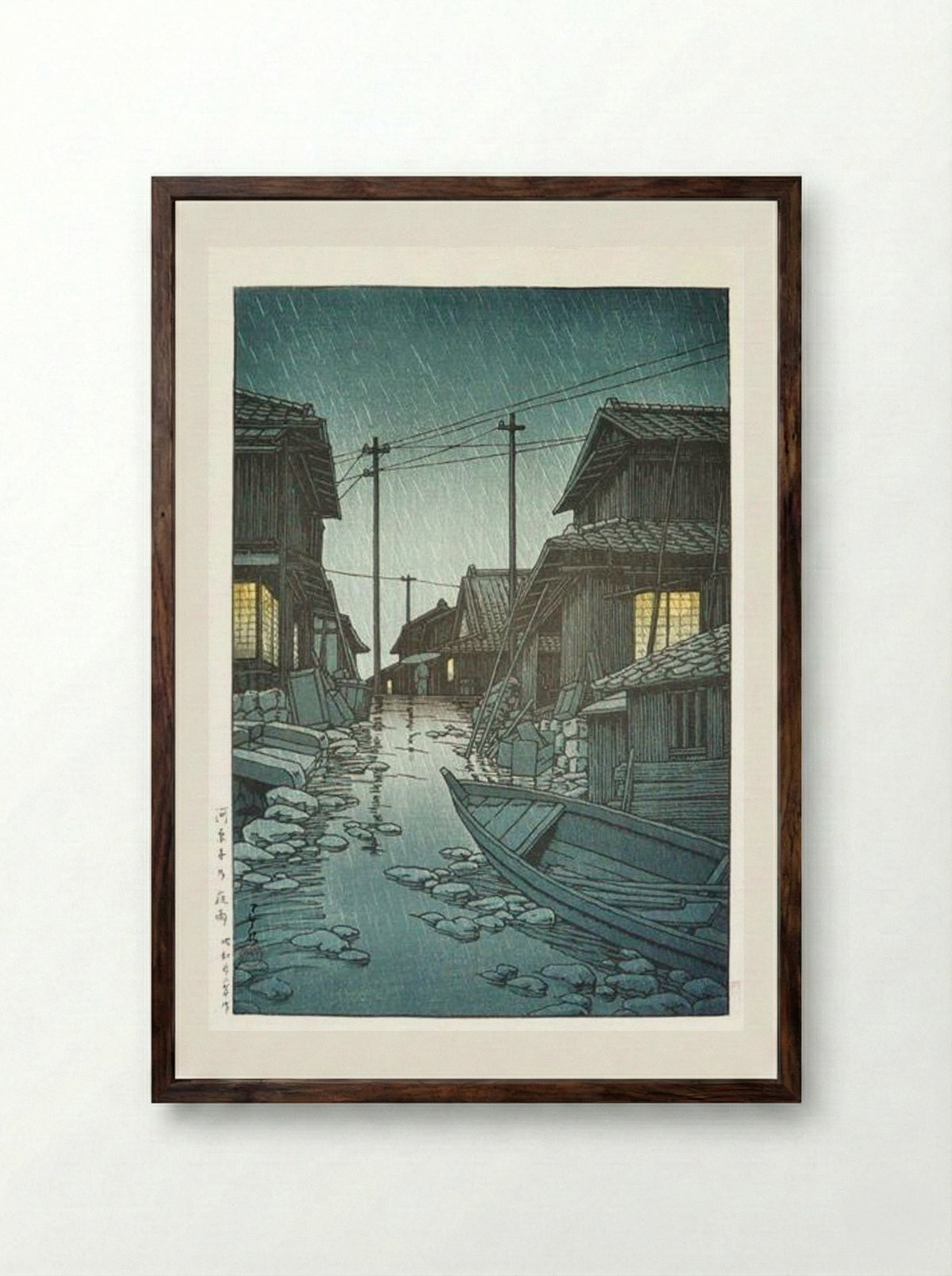 Night Rain at Kawarako, Ibaraki - Hasui Kawase - Framed Print Dark Wood