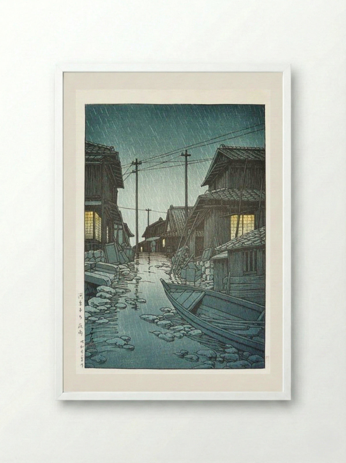 Night Rain at Kawarako, Ibaraki - Hasui Kawase - Framed Print White