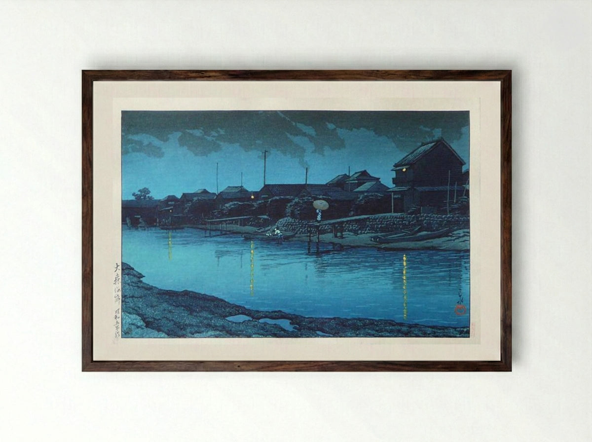 Omori Beach at Night - Hasui Kawase - Framed Print Dark Wood