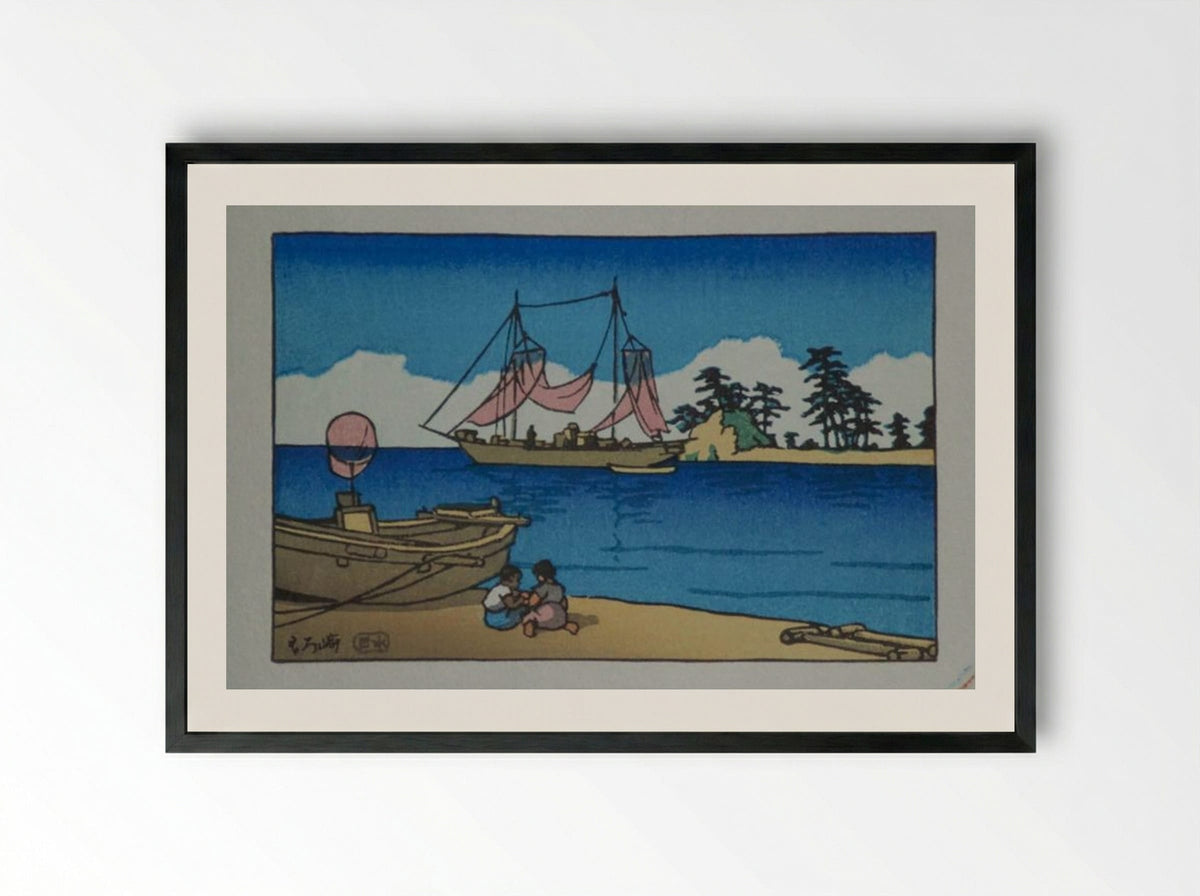 Children at the Seaside - Hasui Kawase - Framed Print Black