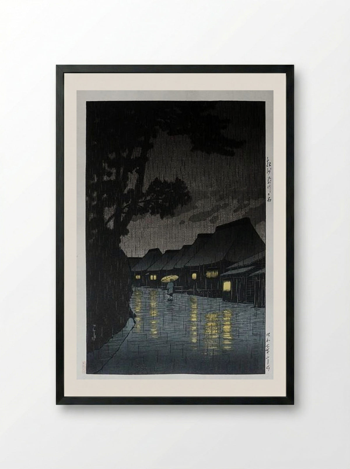 Rainy Night at Maekawa - Hasui Kawase - Framed Print Black