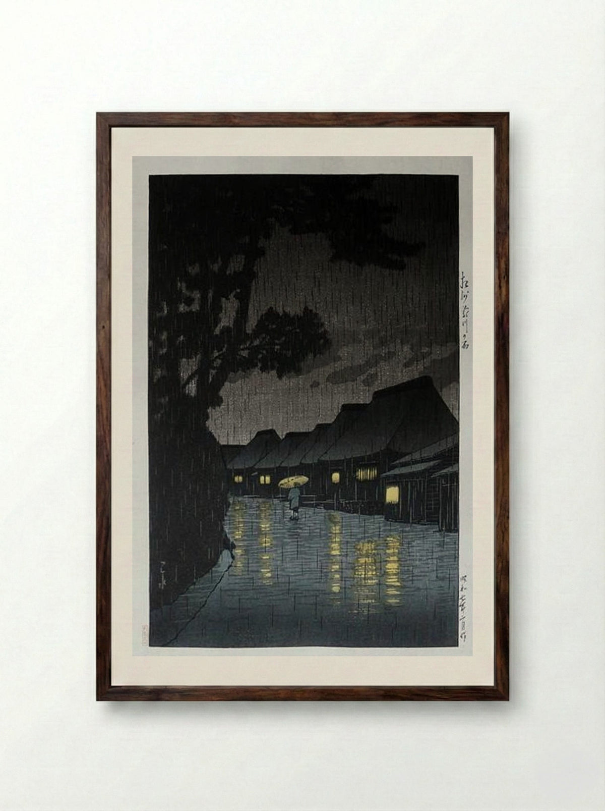 Rainy Night at Maekawa - Hasui Kawase - Framed Print Dark Wood