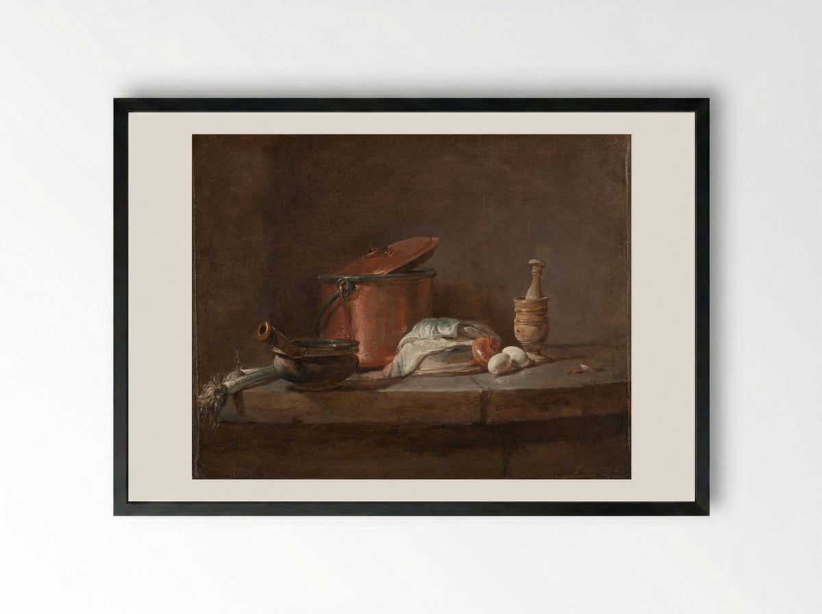 Kitchen Utensils with Leeks, Fish, and Eggs - Jean-Siméon Chardin - Framed Print Black