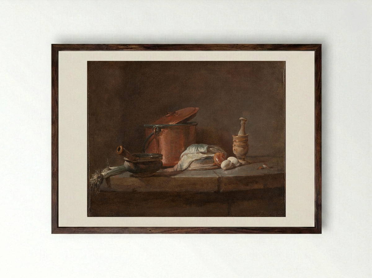Kitchen Utensils with Leeks, Fish, and Eggs - Jean-Siméon Chardin - Framed Print Dark Wood