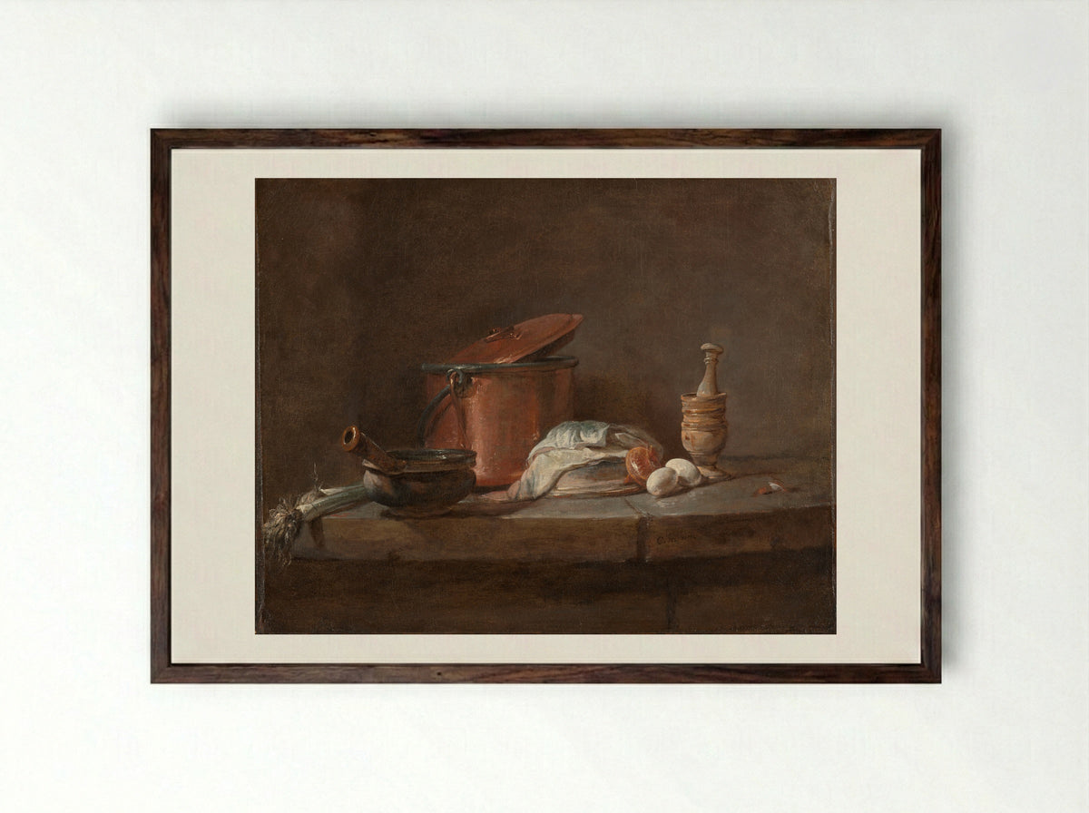 Kitchen Utensils with Leeks, Fish, and Eggs - Jean-Siméon Chardin - Framed Print Dark Wood