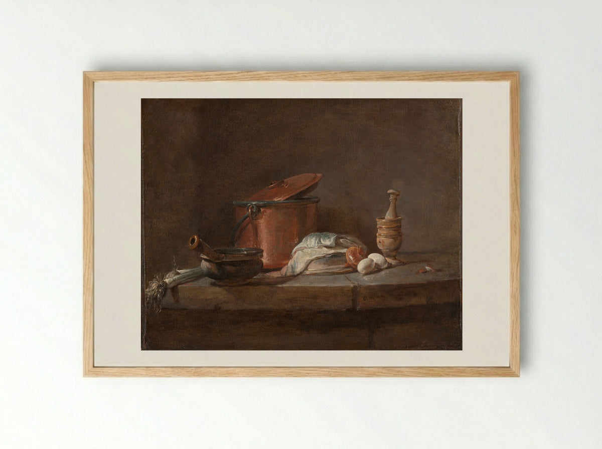 Kitchen Utensils with Leeks, Fish, and Eggs - Jean-Siméon Chardin - Framed Print Wood