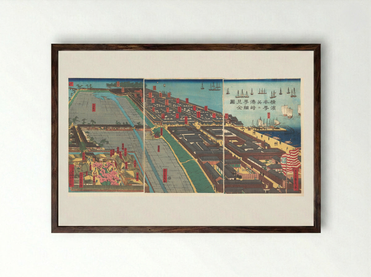 Detailed Print of Yokohama Hon-chō and the Miyozaki Pleasure Quarter - Utagawa Sadahide - Framed Print Dark Wood