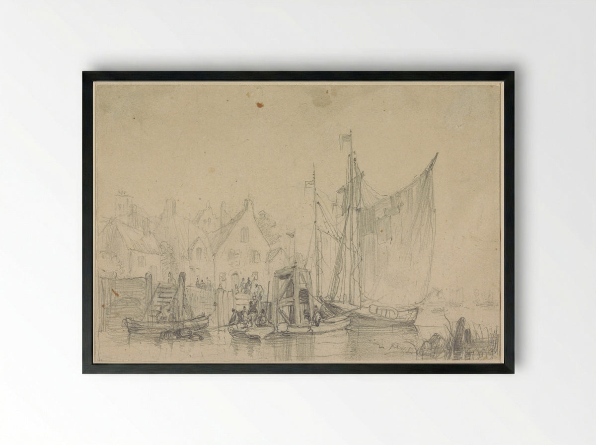 Het vertrek van boten uit een dorp - Henri Adolphe Schaep - Framed Print Black