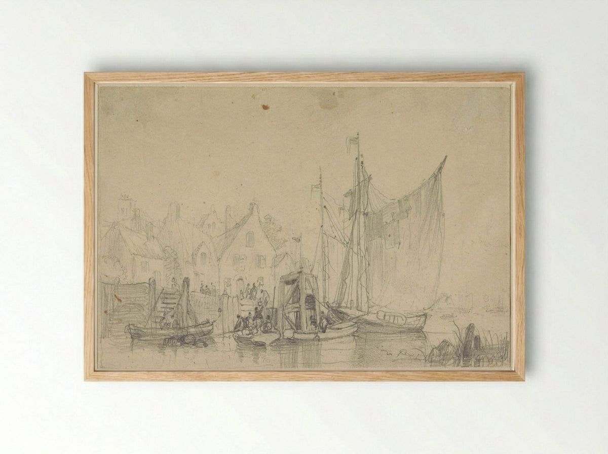 Het vertrek van boten uit een dorp - Henri Adolphe Schaep - Framed Print Wood