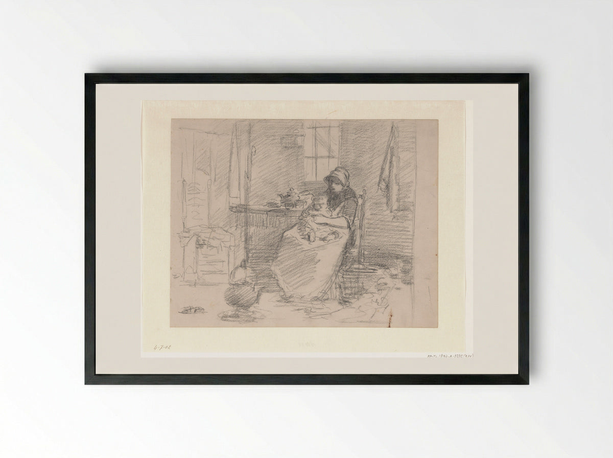 Boereninterieur met zittende oude vrouw - Hendrik Valkenburg - Framed Print Black