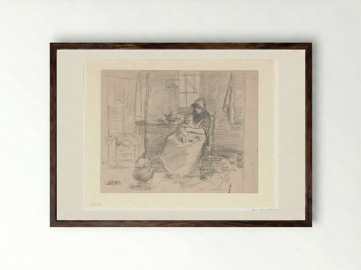 Boereninterieur met zittende oude vrouw - Hendrik Valkenburg - Framed Print Dark Wood