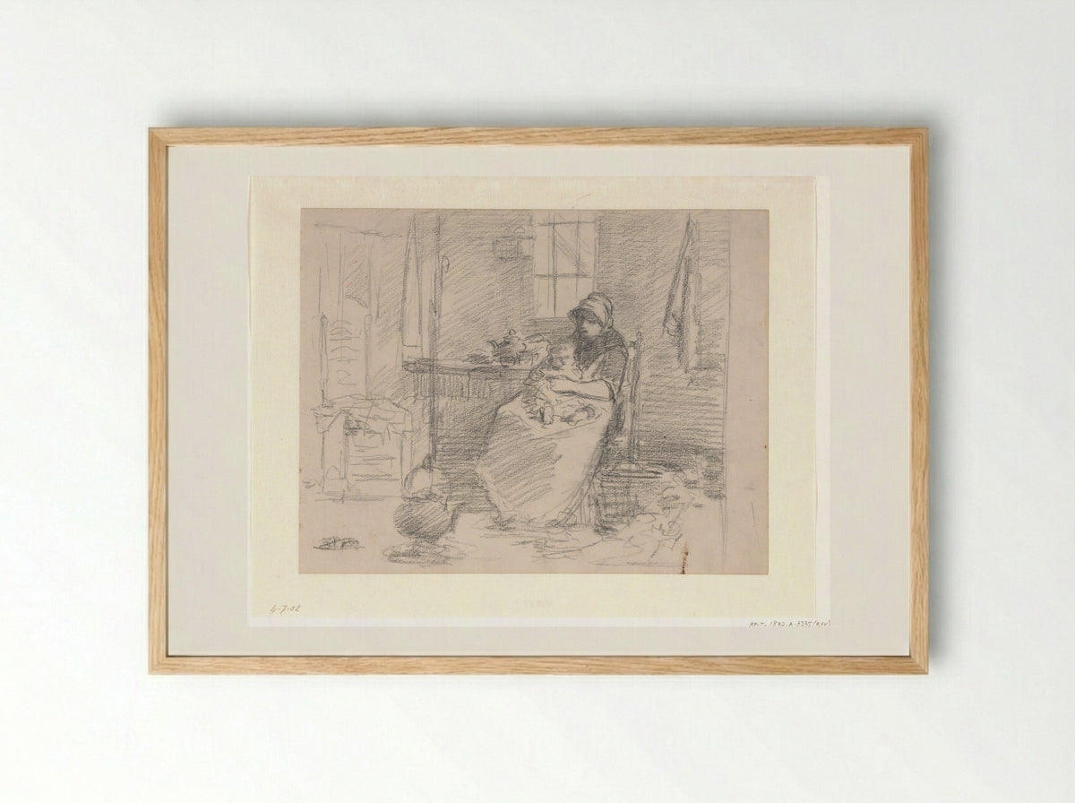 Boereninterieur met zittende oude vrouw - Hendrik Valkenburg - Framed Print Wood