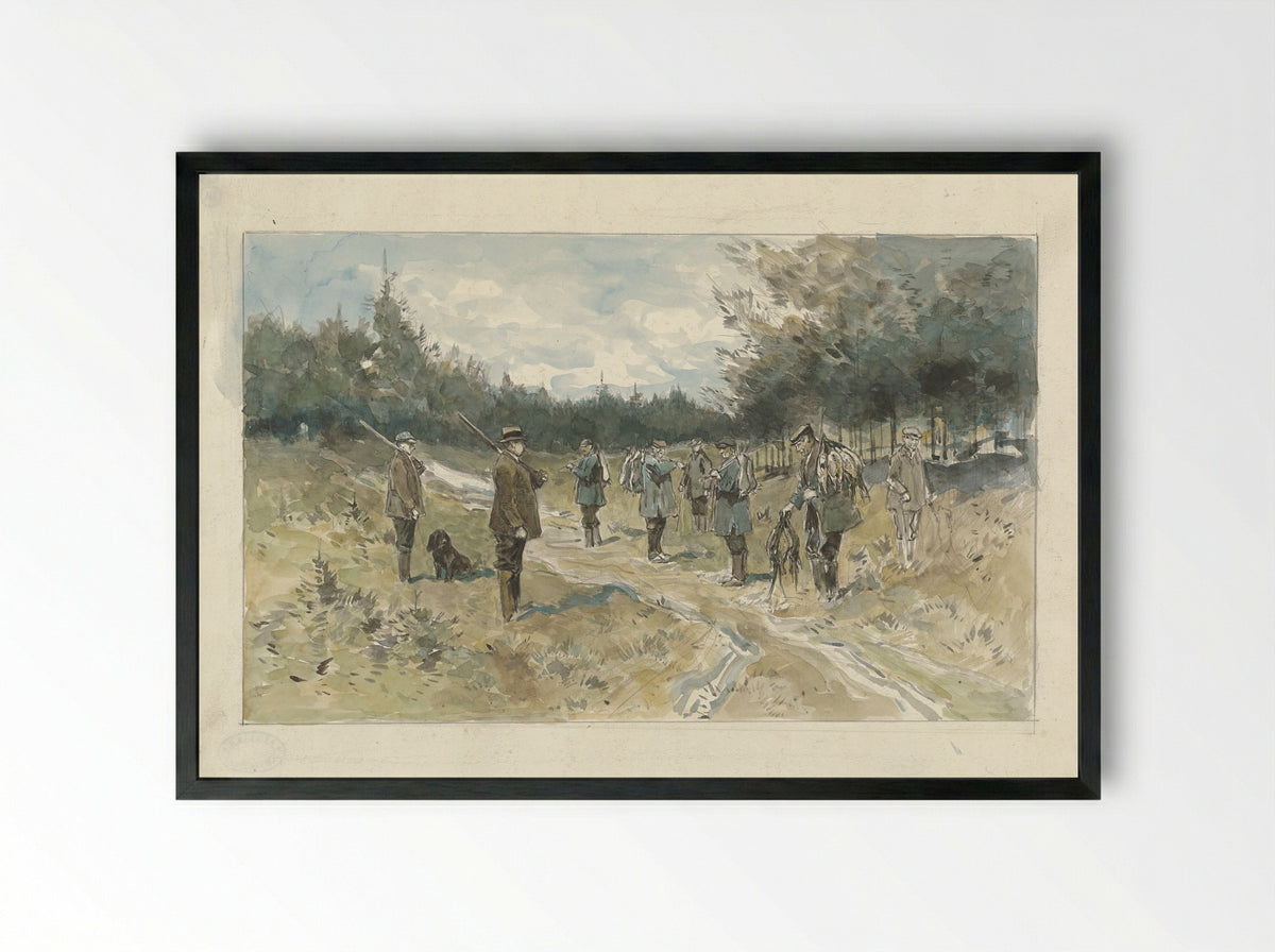 Landschap met groep jagers na de jacht op de Leusderhei - Jan van Essen - Framed Print Black