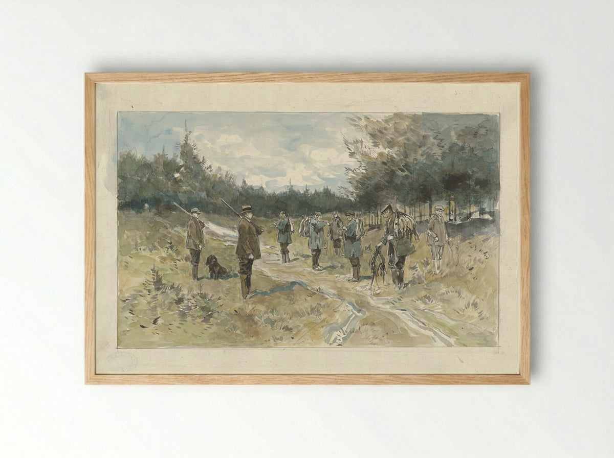 Landschap met groep jagers na de jacht op de Leusderhei - Jan van Essen - Framed Print Wood