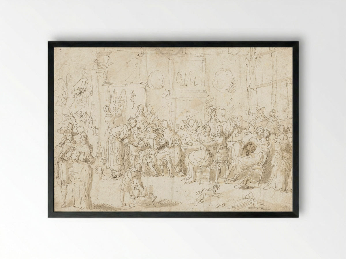 Interieur met vrolijk gezelschap rond een tafel - Willem van Herp (I) - Framed Print Black