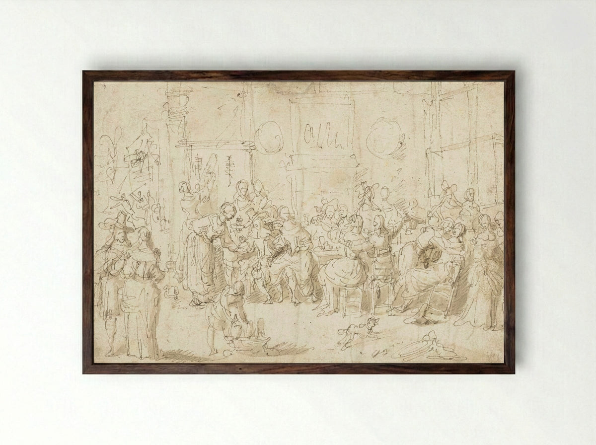 Interieur met vrolijk gezelschap rond een tafel - Willem van Herp (I) - Framed Print Dark Wood