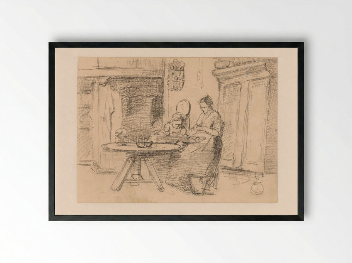 Mother with a Child in a High Chair in an Interior - Hendrik Valkenburg - Framed Print Black