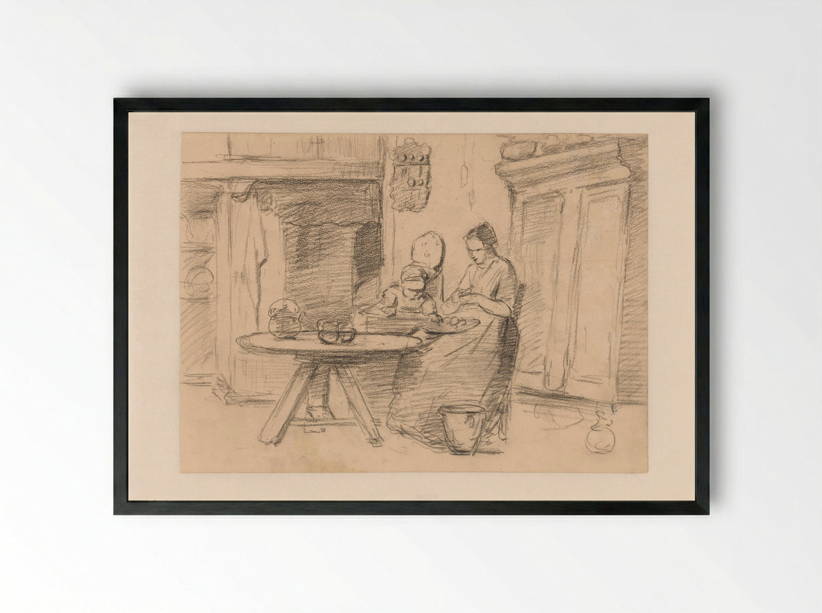 Mother with a Child in a High Chair in an Interior - Hendrik Valkenburg - Framed Print Black