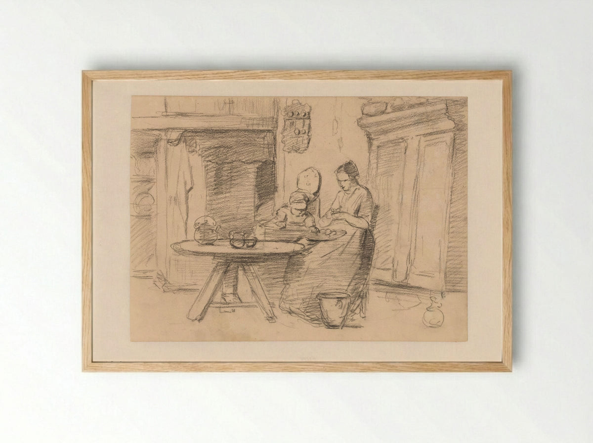 Mother with a Child in a High Chair in an Interior - Hendrik Valkenburg - Framed Print Wood