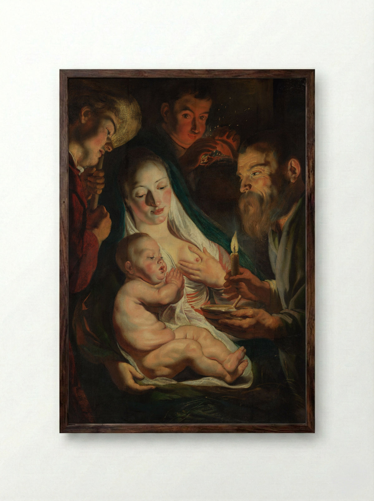 The Holy Family with Shepherds - Jacob Jordaens - Framed Print Dark Wood
