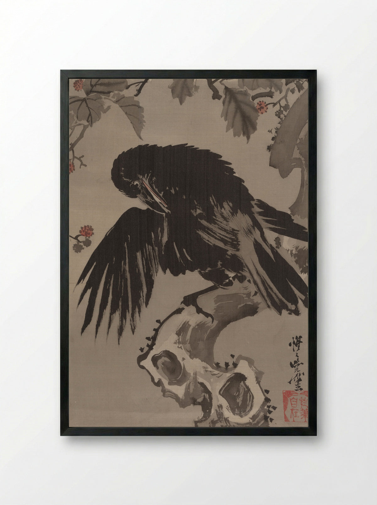 Crow on a Branch - Kawanabe Kyōsai - Framed Print Black
