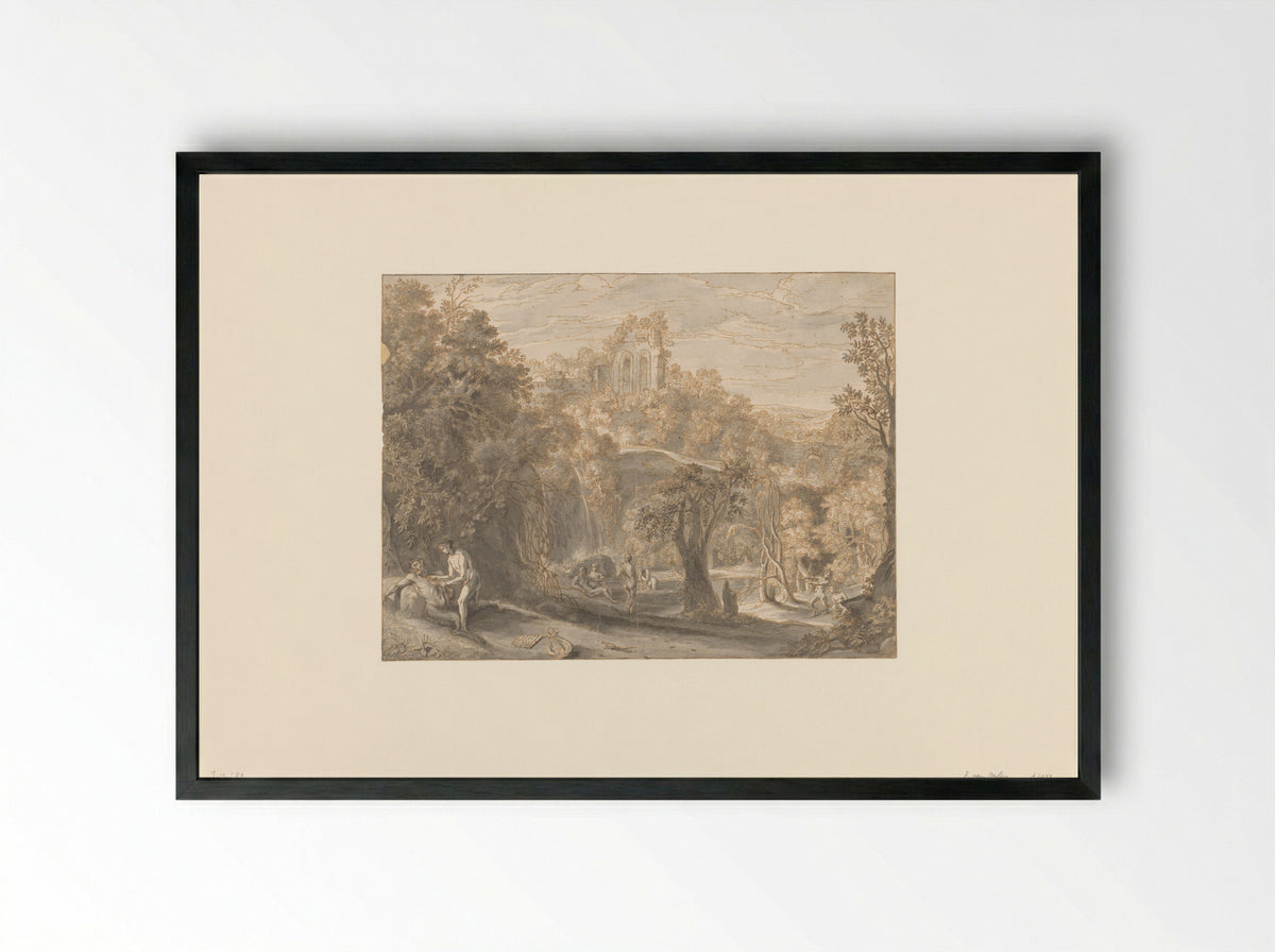 Landschap met Apollo en Marsyas - Richard van Orley - Framed Print Black