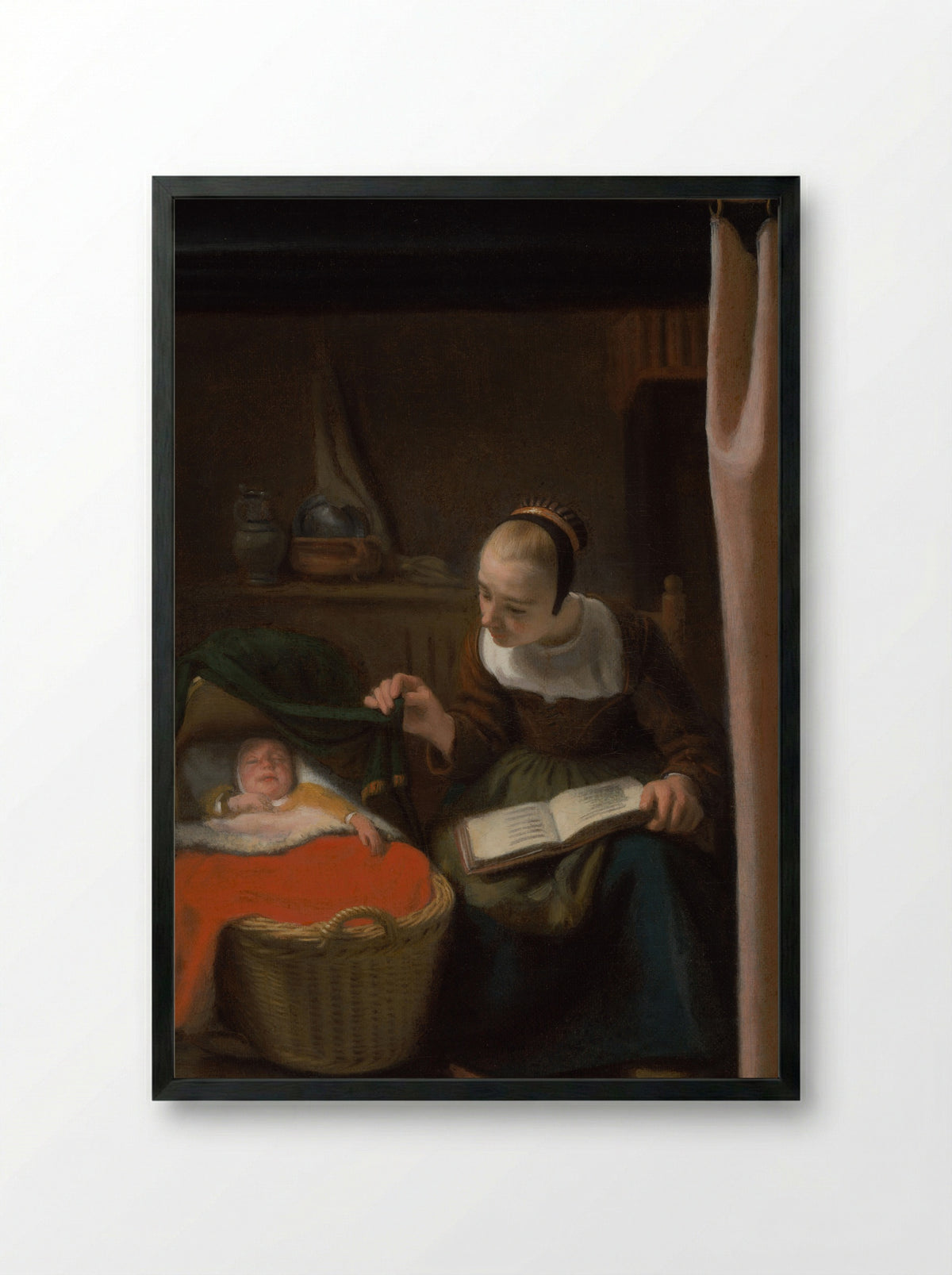Woman at a Cradle - Nicolaes Maes - Framed Print Black
