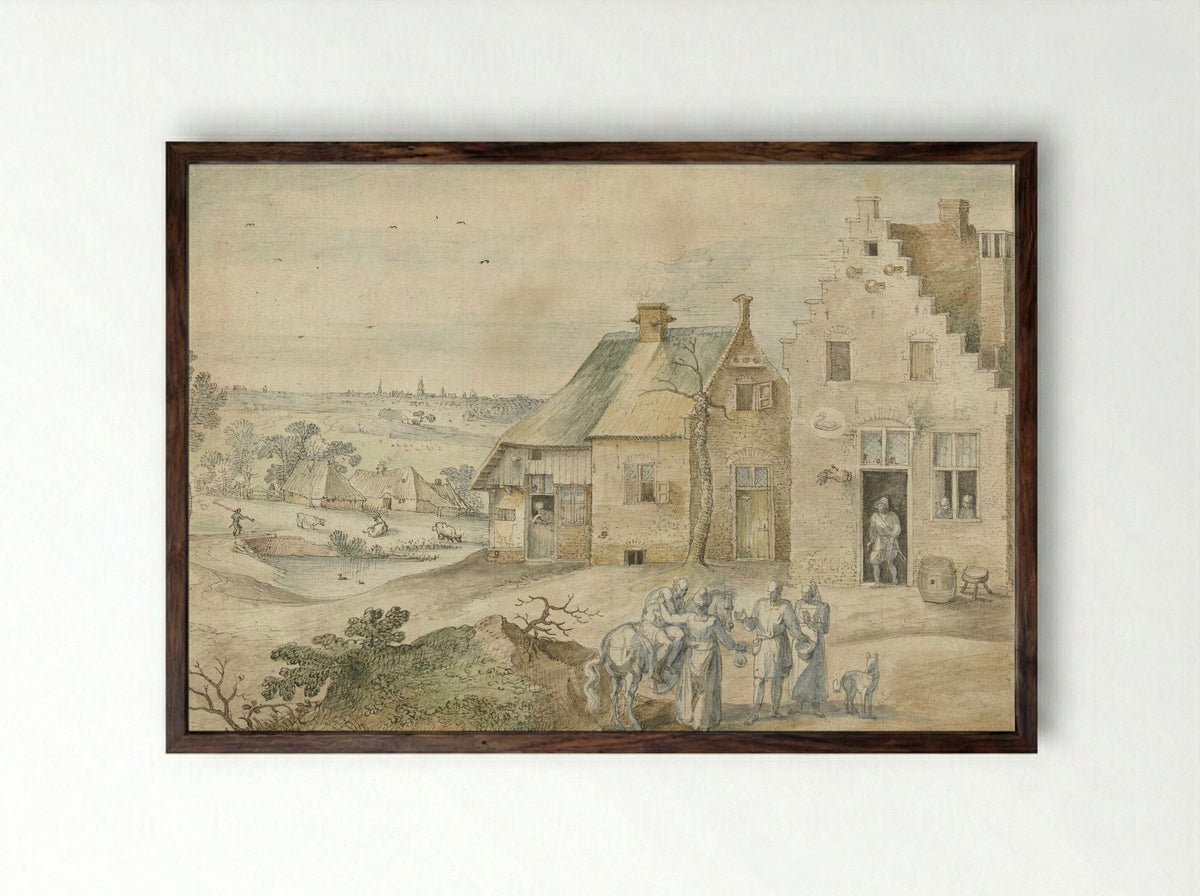 Landschap met de barmhartige Samaritaan - Jacob Grimmer - Framed Print Dark Wood