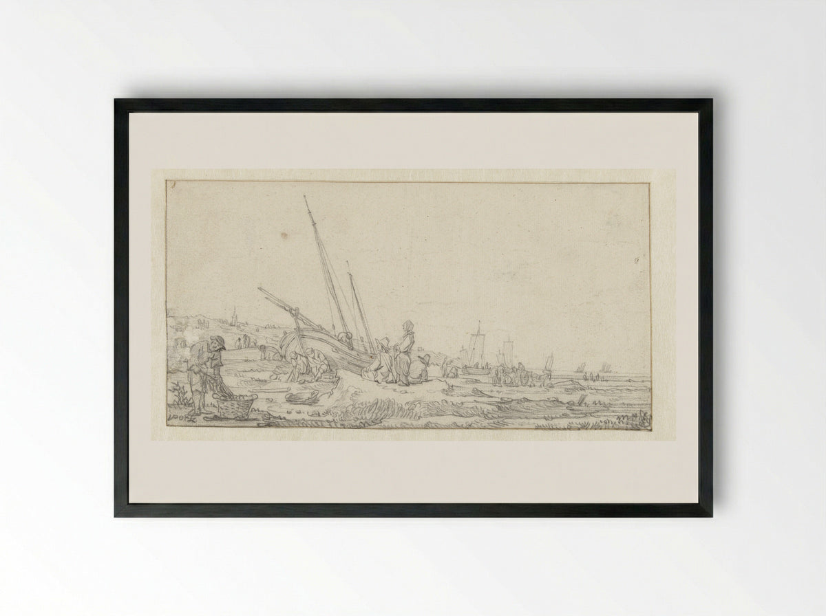 Strandgezicht met vissersschepen en groepen mensen - Egbert Lievensz. van der Poel - Framed Print Black