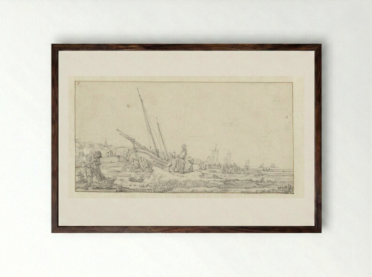 Strandgezicht met vissersschepen en groepen mensen - Egbert Lievensz. van der Poel - Framed Print Dark Wood