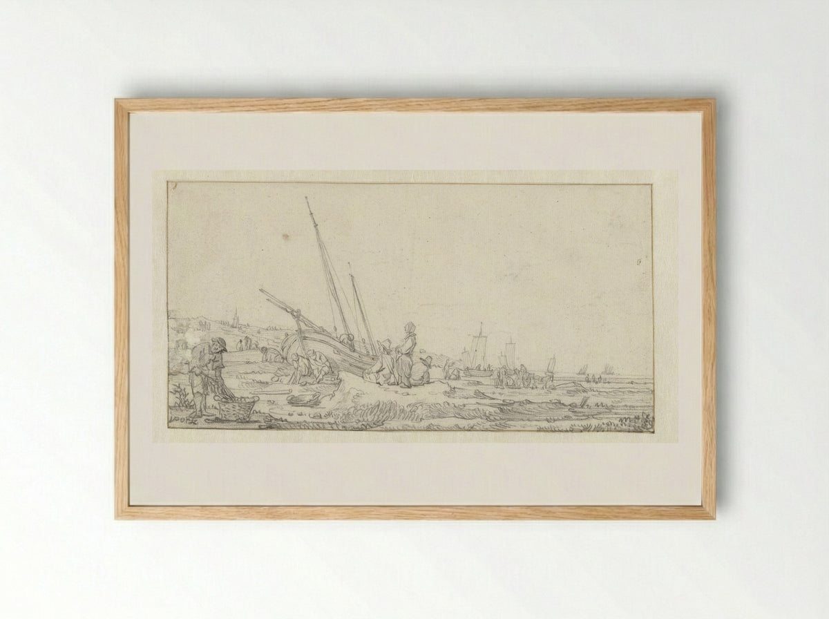 Strandgezicht met vissersschepen en groepen mensen - Egbert Lievensz. van der Poel - Framed Print Wood